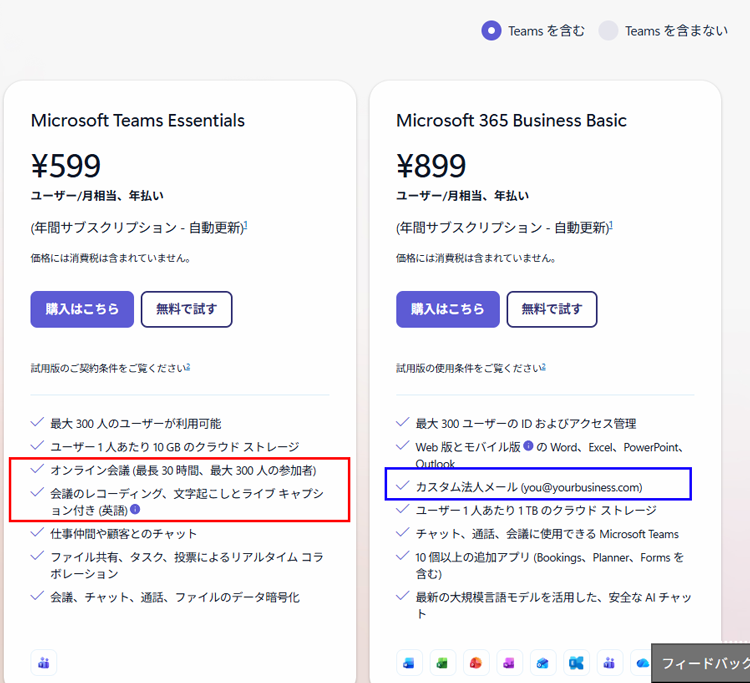 Microsoft Teams Essentialsと365 Business Basicの比較